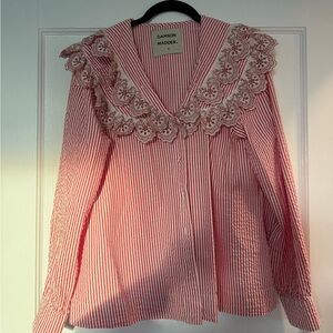 Damson Madder Red/Pink Striped Button-Down Blouse with Lace Collar